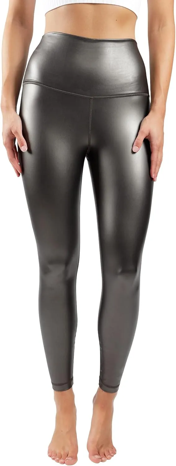 90 Degree By Reflex Super High Waist High Shine Faux Leather Fleece Lined Elastic Free Ankle Leggings