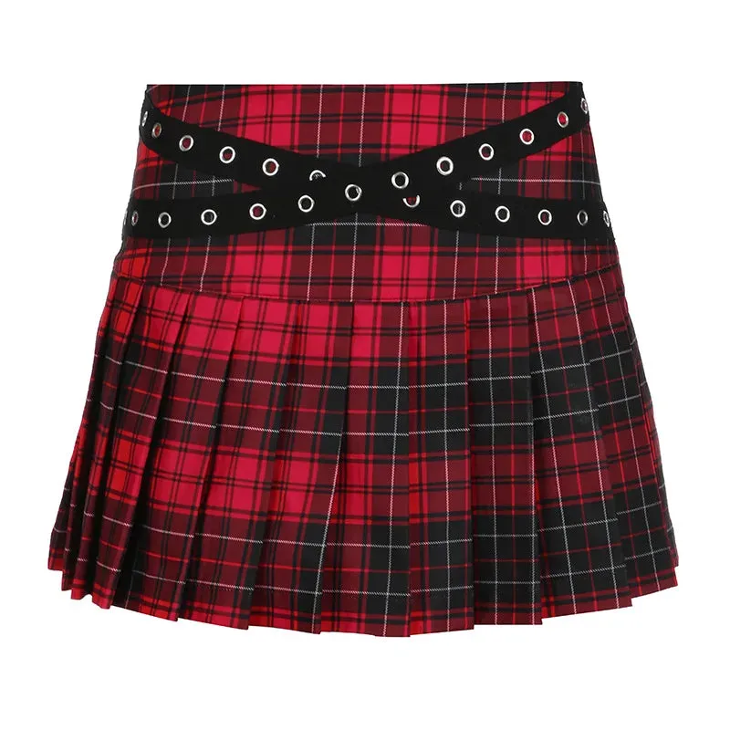 90s Grunge Streetwear Plaid Mini Gothic Eyelet Strap Pleated Y2k Techwear A-line Skirt