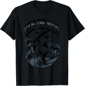 a fierce shark jumping out of the ocean with waves crashing T-Shirt