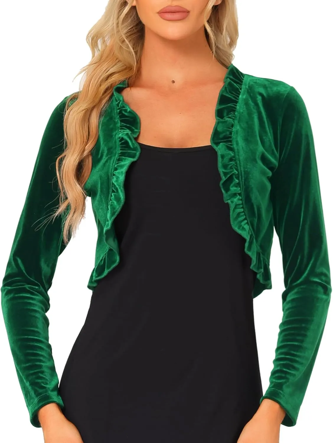 Allegra K Women's Cocktail Party Open Front Cardigan Long Sleeve Cropped Velvet Shrug Top