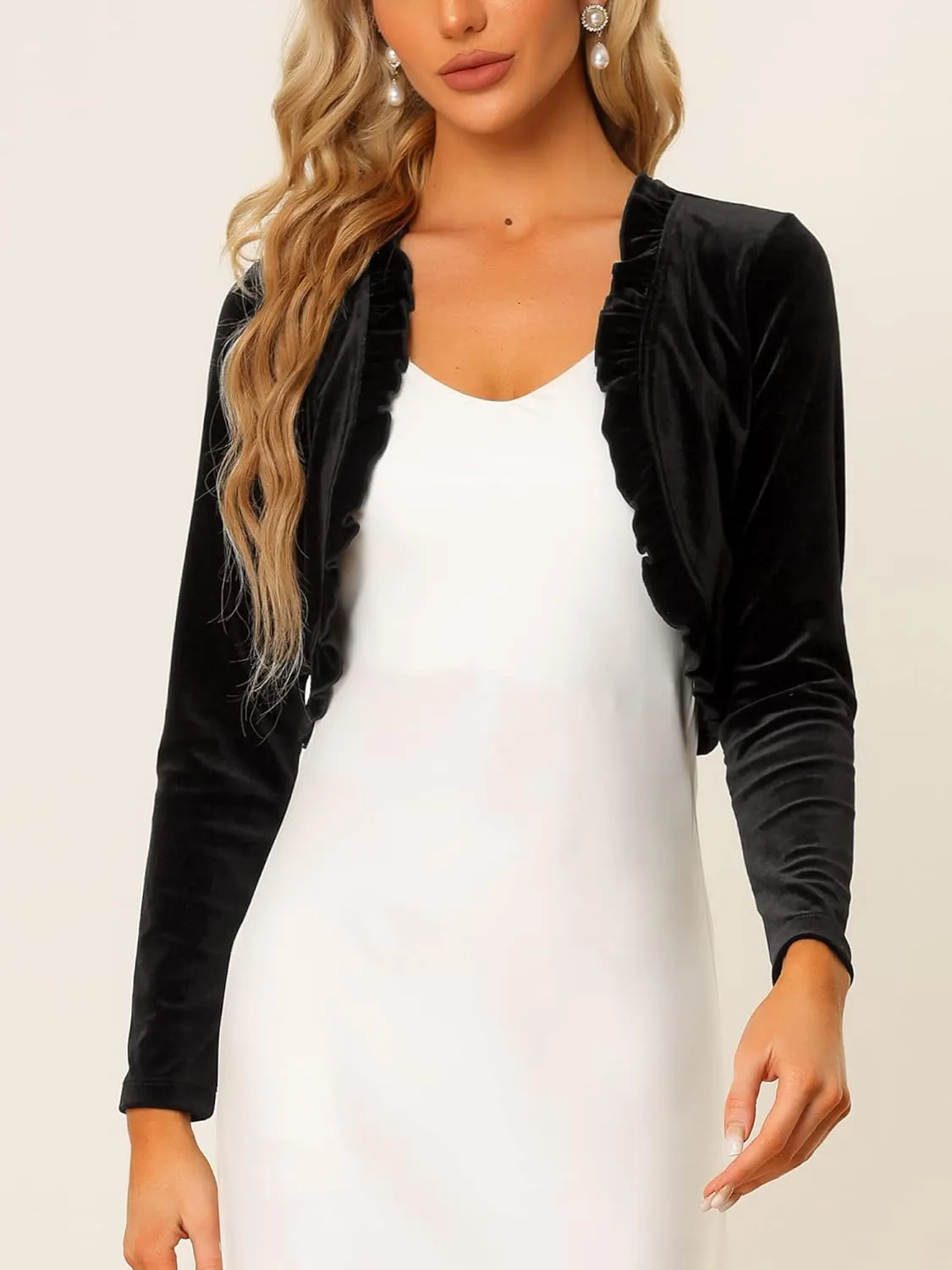 Allegra K Women's Cocktail Party Open Front Cardigan Long Sleeve Cropped Velvet Shrug Top