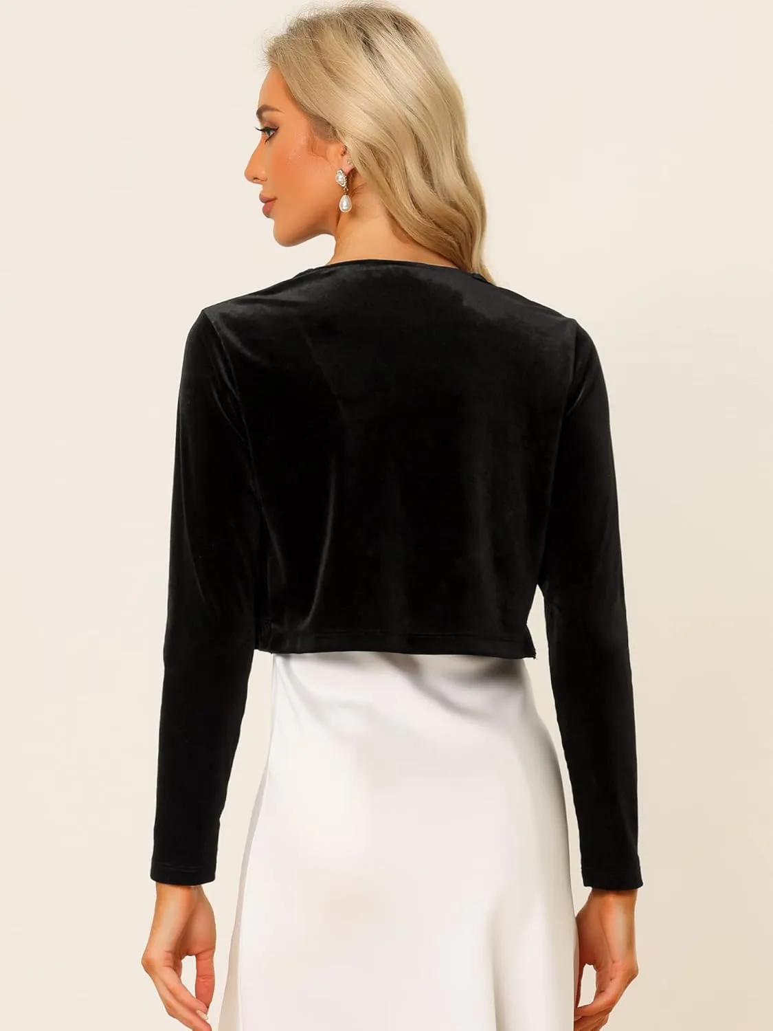 Allegra K Women's Cocktail Party Open Front Cardigan Long Sleeve Cropped Velvet Shrug Top