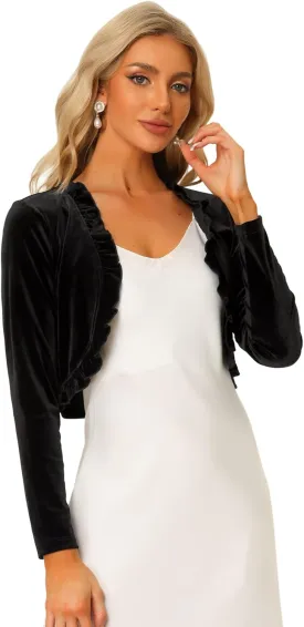 Allegra K Women's Cocktail Party Open Front Cardigan Long Sleeve Cropped Velvet Shrug Top