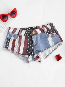 American Flag Frayed Ripped Mini Denim Shorts