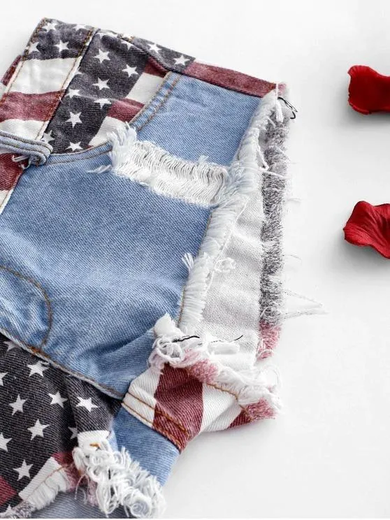 American Flag Frayed Ripped Mini Denim Shorts