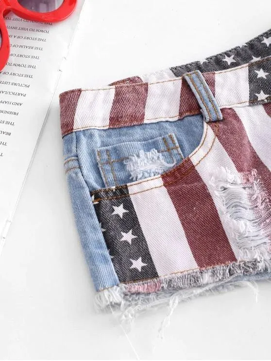American Flag Frayed Ripped Mini Denim Shorts