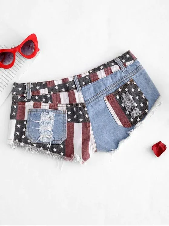 American Flag Frayed Ripped Mini Denim Shorts