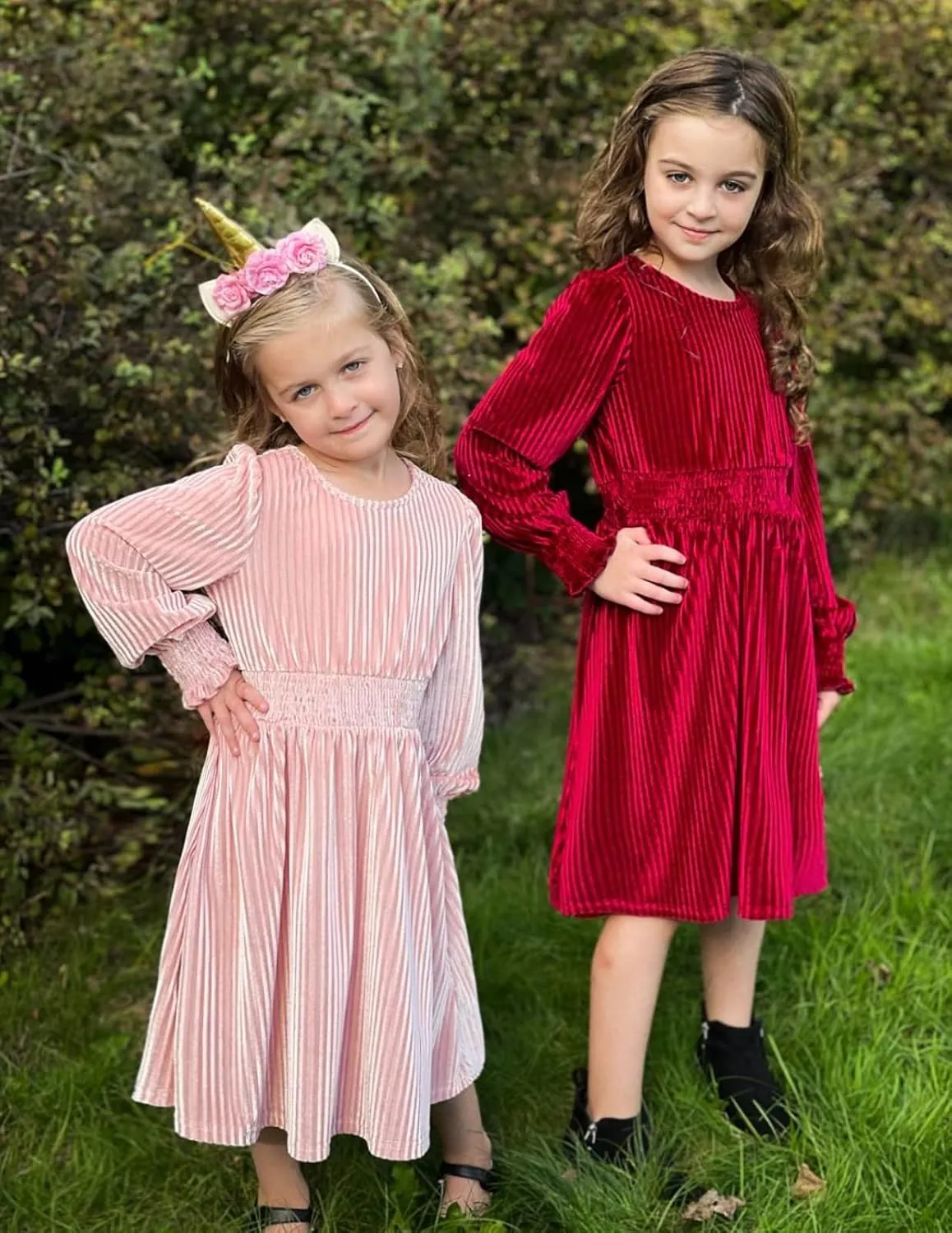Arshiner Girls Long Sleeve Dress Velvet Crew Neck Midi Fall Vintage Plain Dress for Kids 4-13Y