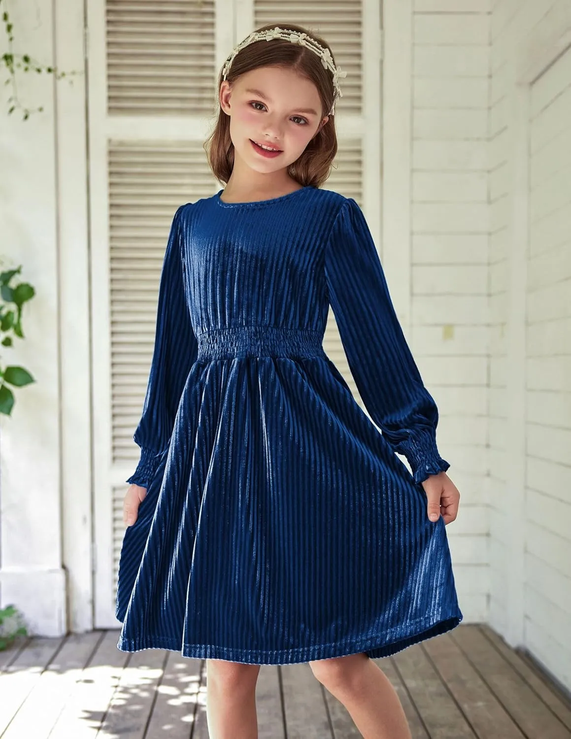 Arshiner Girls Long Sleeve Dress Velvet Crew Neck Midi Fall Vintage Plain Dress for Kids 4-13Y