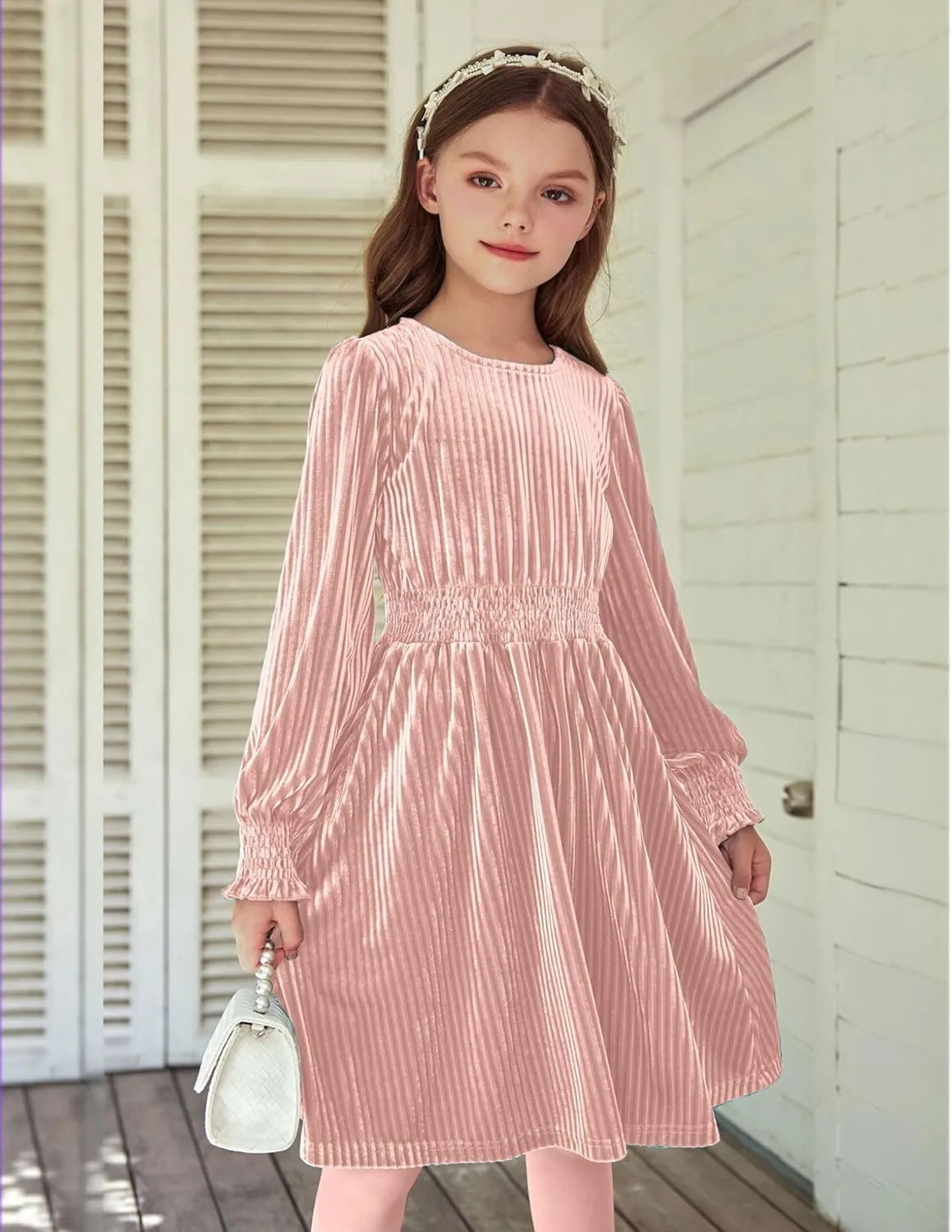 Arshiner Girls Long Sleeve Dress Velvet Crew Neck Midi Fall Vintage Plain Dress for Kids 4-13Y