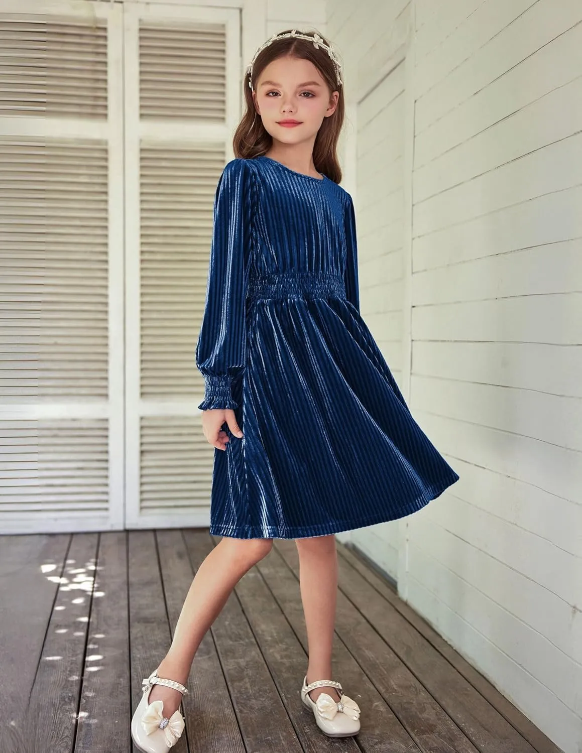 Arshiner Girls Long Sleeve Dress Velvet Crew Neck Midi Fall Vintage Plain Dress for Kids 4-13Y