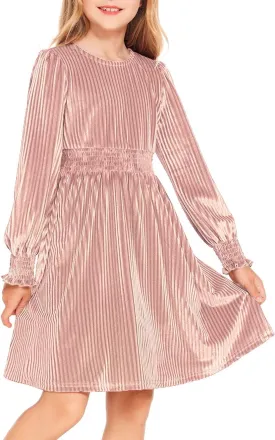 Arshiner Girls Long Sleeve Dress Velvet Crew Neck Midi Fall Vintage Plain Dress for Kids 4-13Y