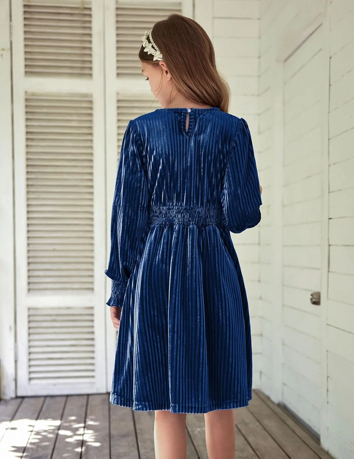 Arshiner Girls Long Sleeve Dress Velvet Crew Neck Midi Fall Vintage Plain Dress for Kids 4-13Y