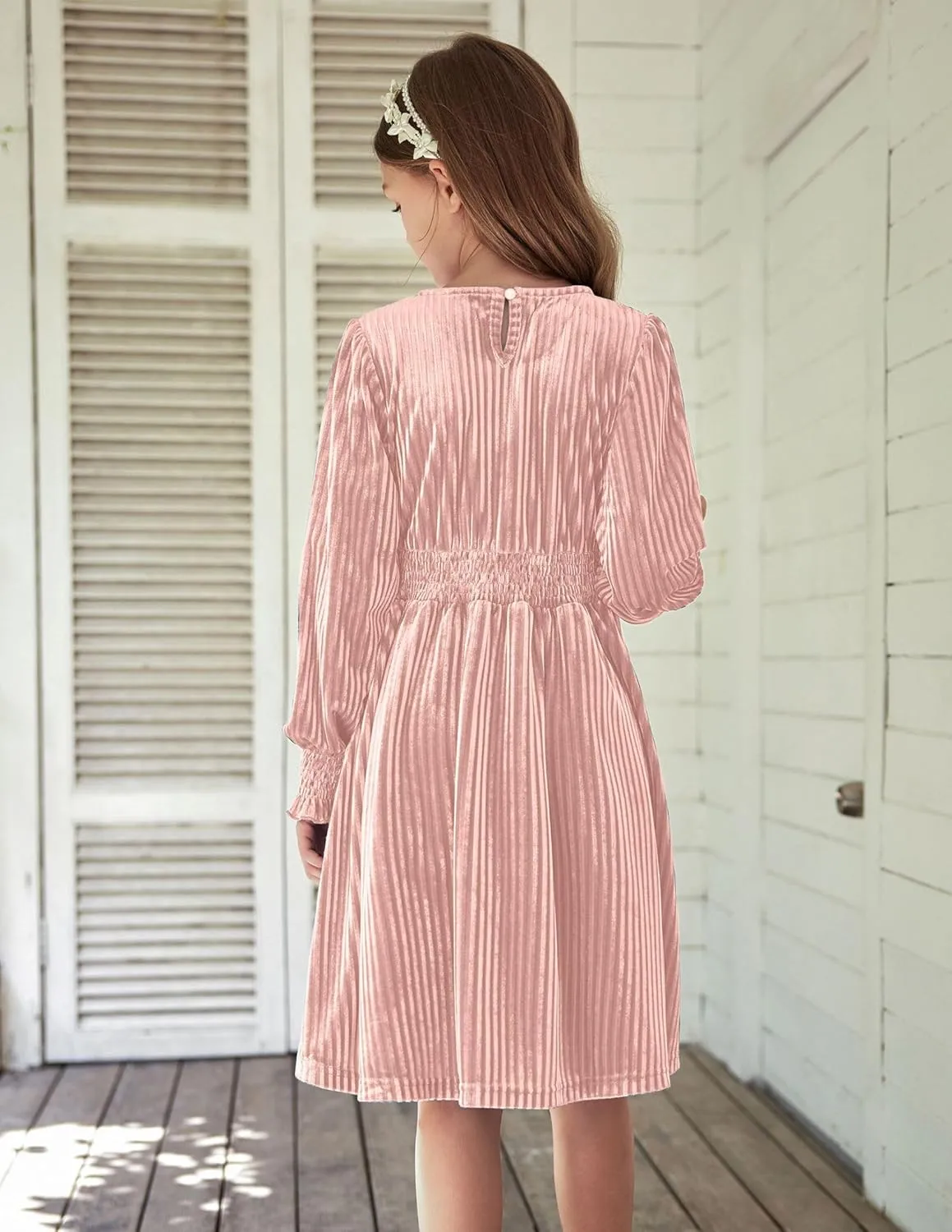 Arshiner Girls Long Sleeve Dress Velvet Crew Neck Midi Fall Vintage Plain Dress for Kids 4-13Y