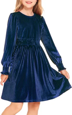 Arshiner Girls Long Sleeve Dress Velvet Crew Neck Midi Fall Vintage Plain Dress for Kids 4-13Y