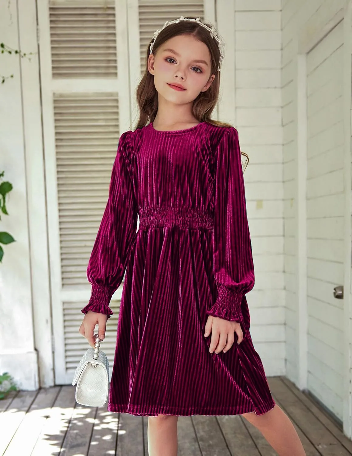 Arshiner Girls Long Sleeve Dress Velvet Crew Neck Midi Fall Vintage Plain Dress for Kids 4-13Y