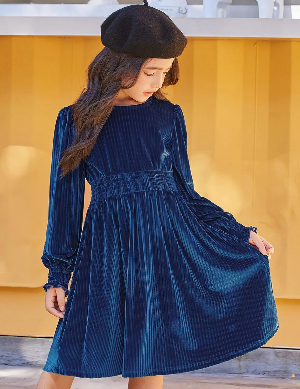 Arshiner Girls Long Sleeve Dress Velvet Crew Neck Midi Fall Vintage Plain Dress for Kids 4-13Y