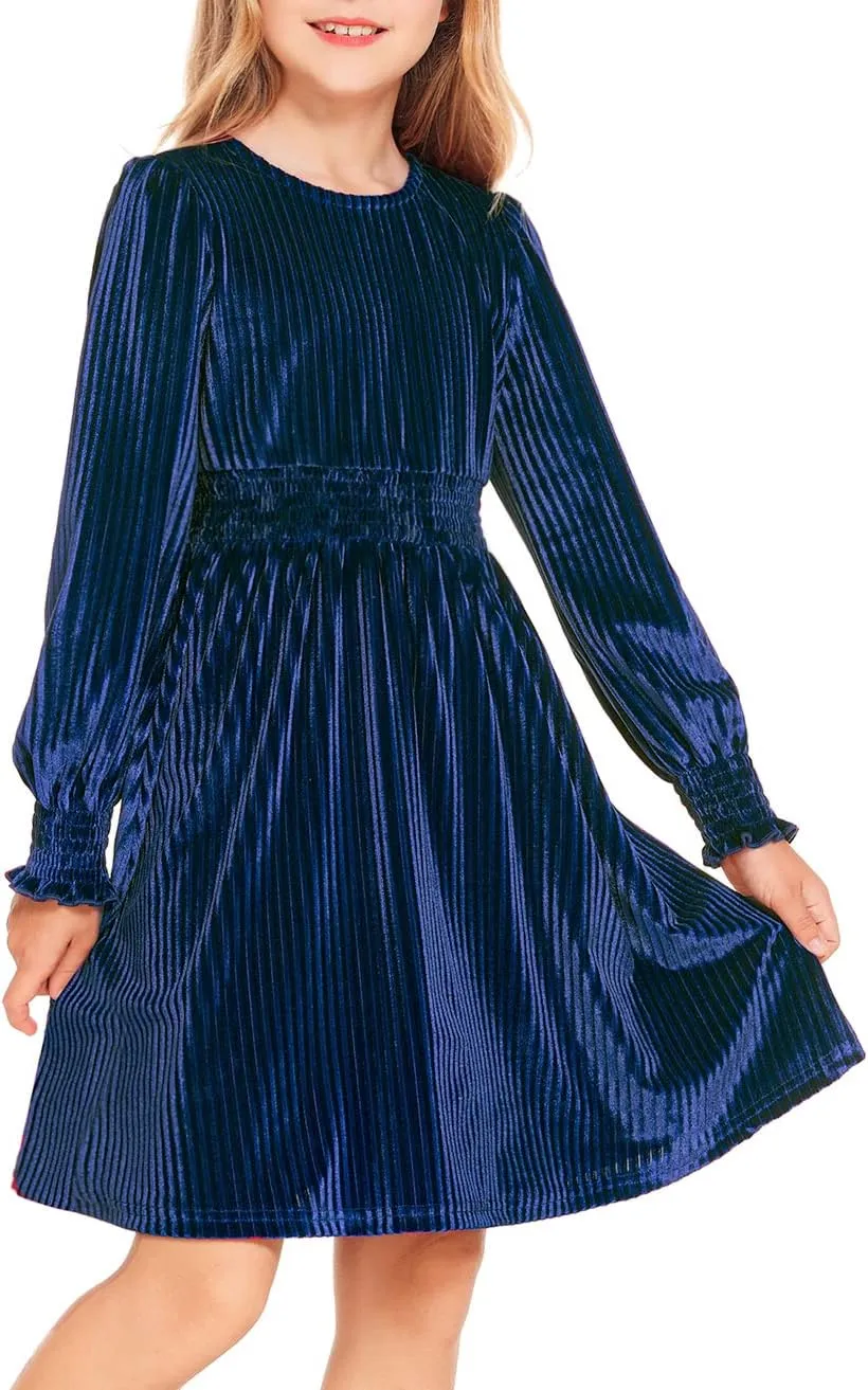 Arshiner Girls Long Sleeve Dress Velvet Crew Neck Midi Fall Vintage Plain Dress for Kids 4-13Y