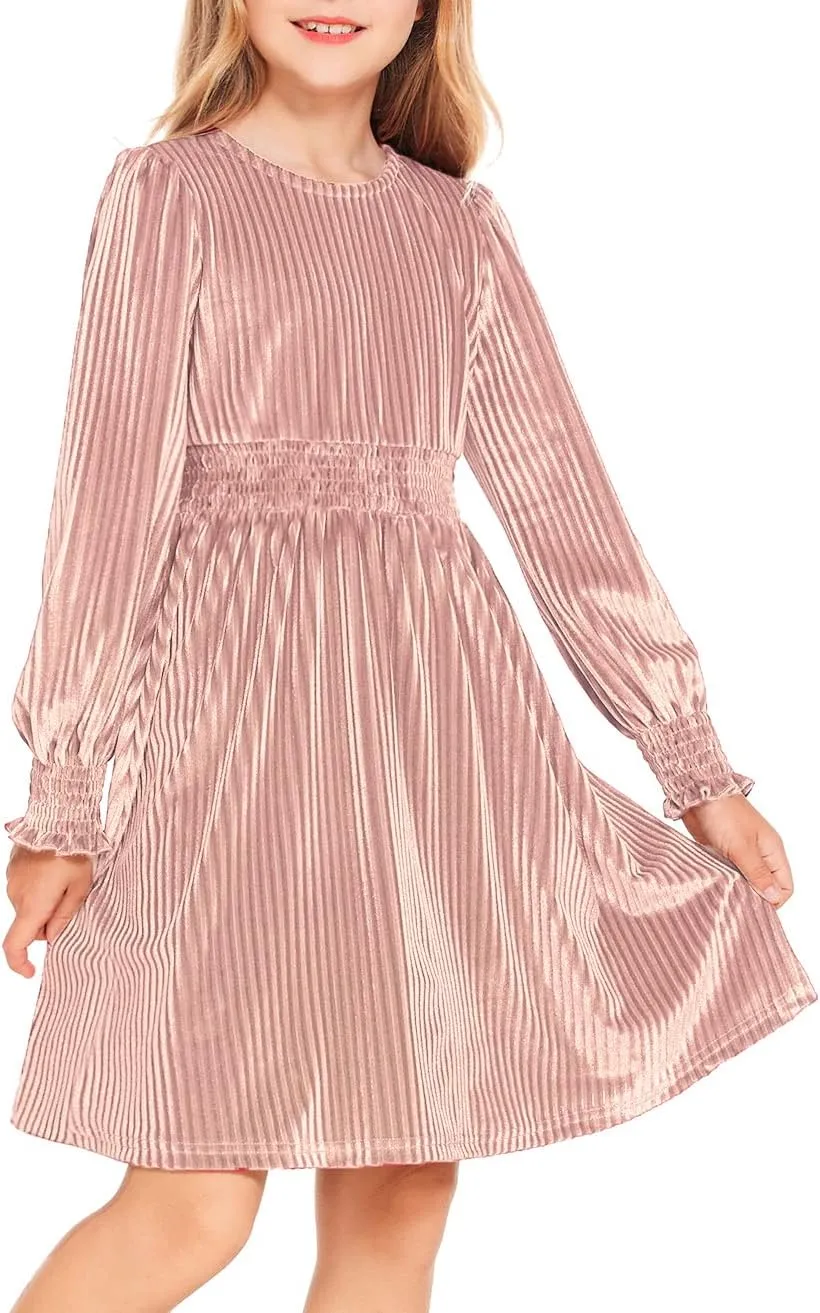 Arshiner Girls Long Sleeve Dress Velvet Crew Neck Midi Fall Vintage Plain Dress for Kids 4-13Y