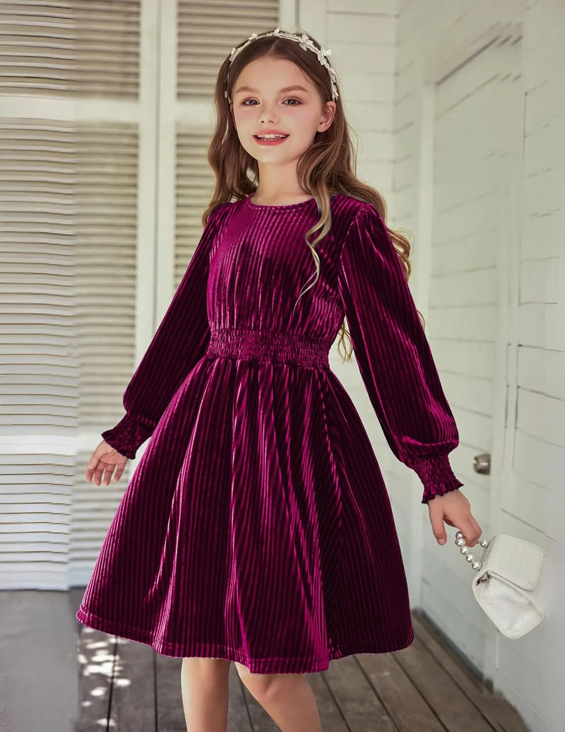 Arshiner Girls Long Sleeve Dress Velvet Crew Neck Midi Fall Vintage Plain Dress for Kids 4-13Y