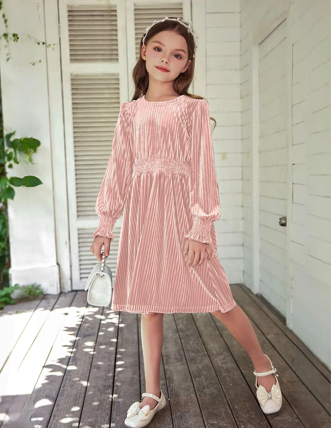 Arshiner Girls Long Sleeve Dress Velvet Crew Neck Midi Fall Vintage Plain Dress for Kids 4-13Y