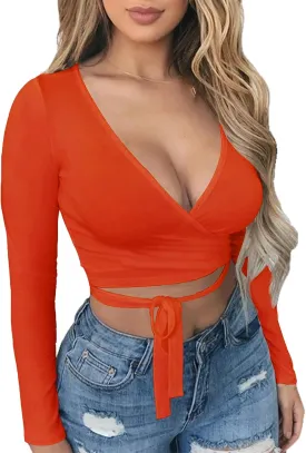 Artfish Women Sexy Deep V Neck Crop Top Bandage Wrap Tie Tight Cropped Fitted Cleavage Shirts
