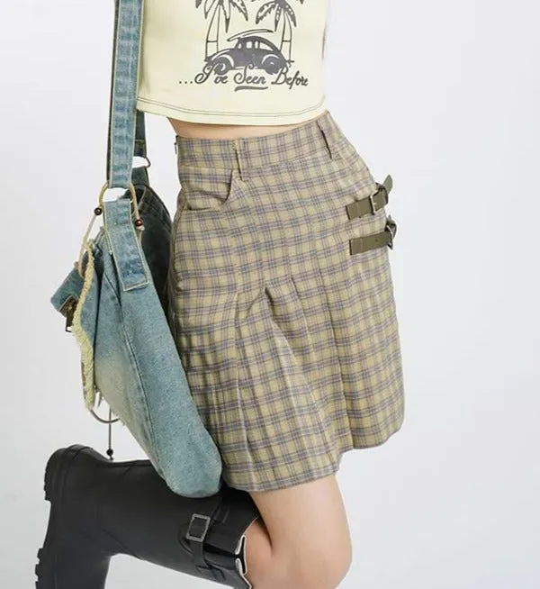 Asymmetric Pleats Plaid Mini Skirt