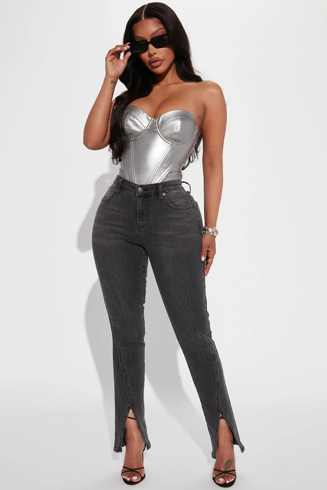 Automatic Love Split Hem Skinny Jeans - Black Wash