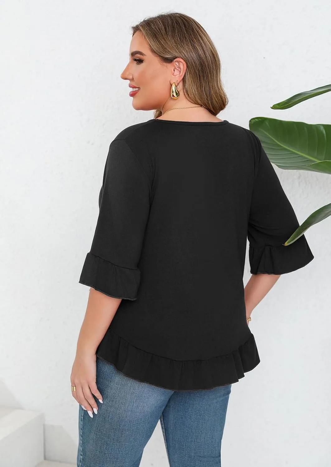 Beauhuty Plus Size Tops for Womens Tunic Ruffled Hem Crew Neck T-Shirts Casual Flowy Blouses 3/4 Ruffle Sleeve