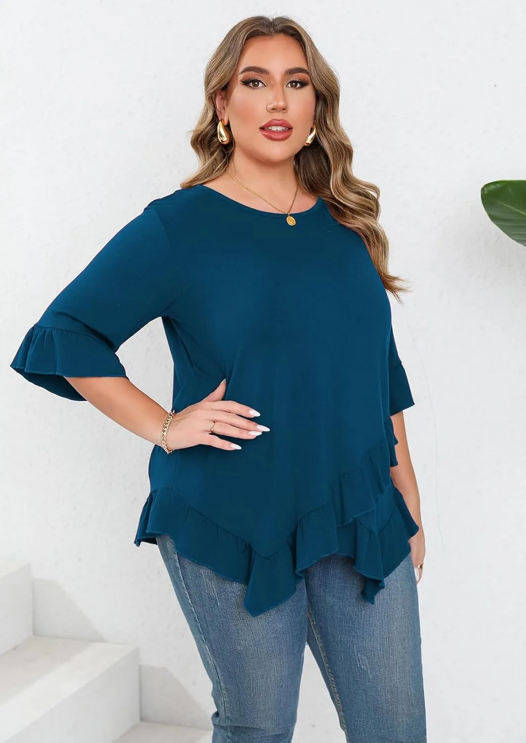 Beauhuty Plus Size Tops for Womens Tunic Ruffled Hem Crew Neck T-Shirts Casual Flowy Blouses 3/4 Ruffle Sleeve