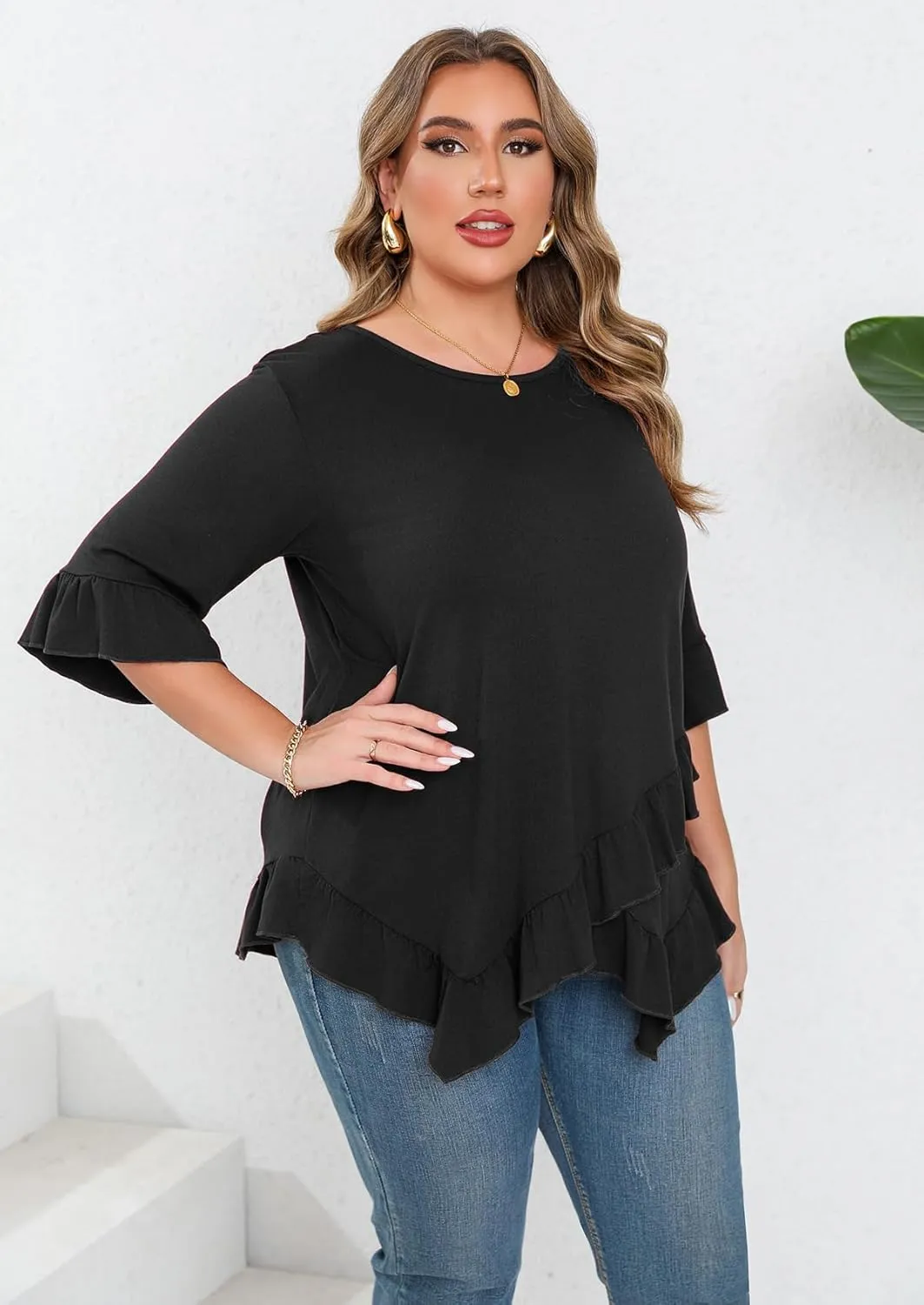 Beauhuty Plus Size Tops for Womens Tunic Ruffled Hem Crew Neck T-Shirts Casual Flowy Blouses 3/4 Ruffle Sleeve