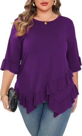 Beauhuty Plus Size Tops for Womens Tunic Ruffled Hem Crew Neck T-Shirts Casual Flowy Blouses 3/4 Ruffle Sleeve