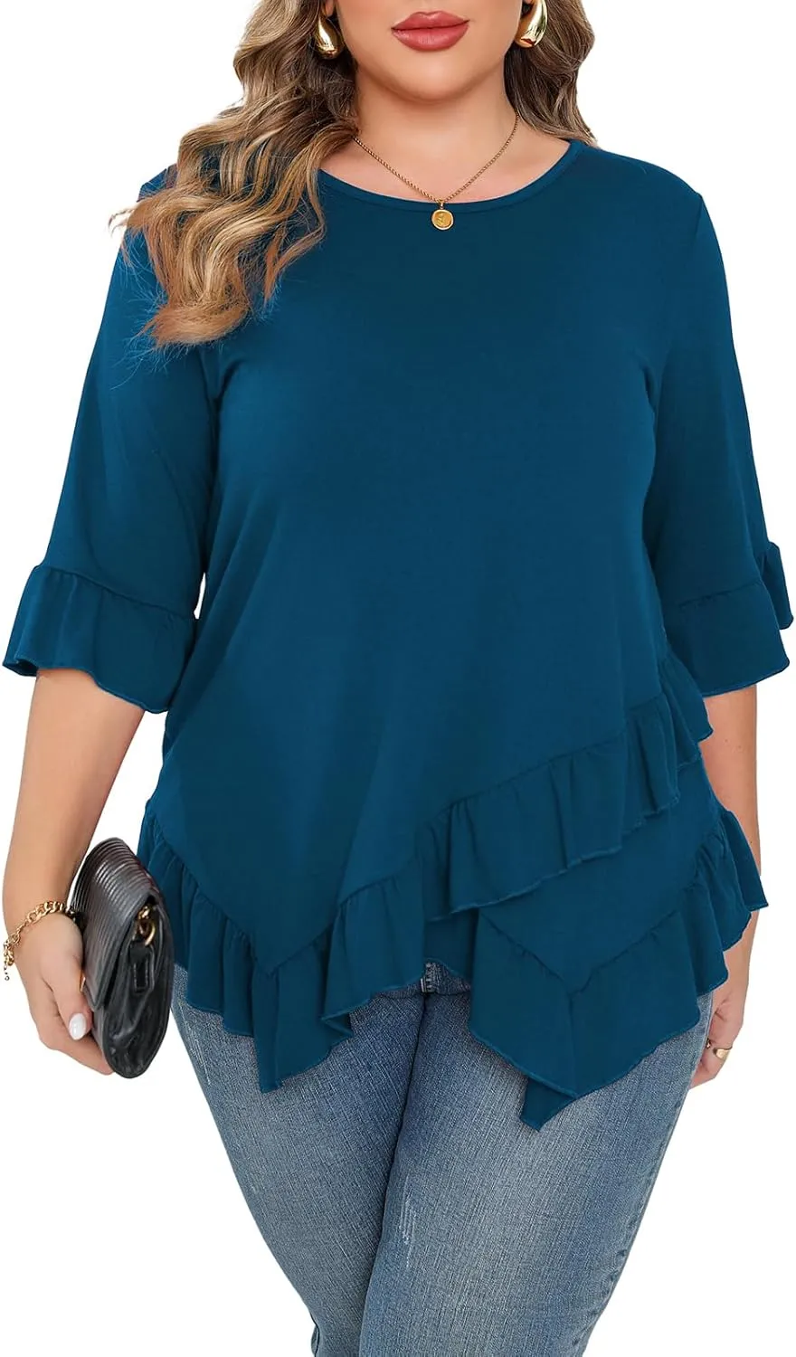 Beauhuty Plus Size Tops for Womens Tunic Ruffled Hem Crew Neck T-Shirts Casual Flowy Blouses 3/4 Ruffle Sleeve