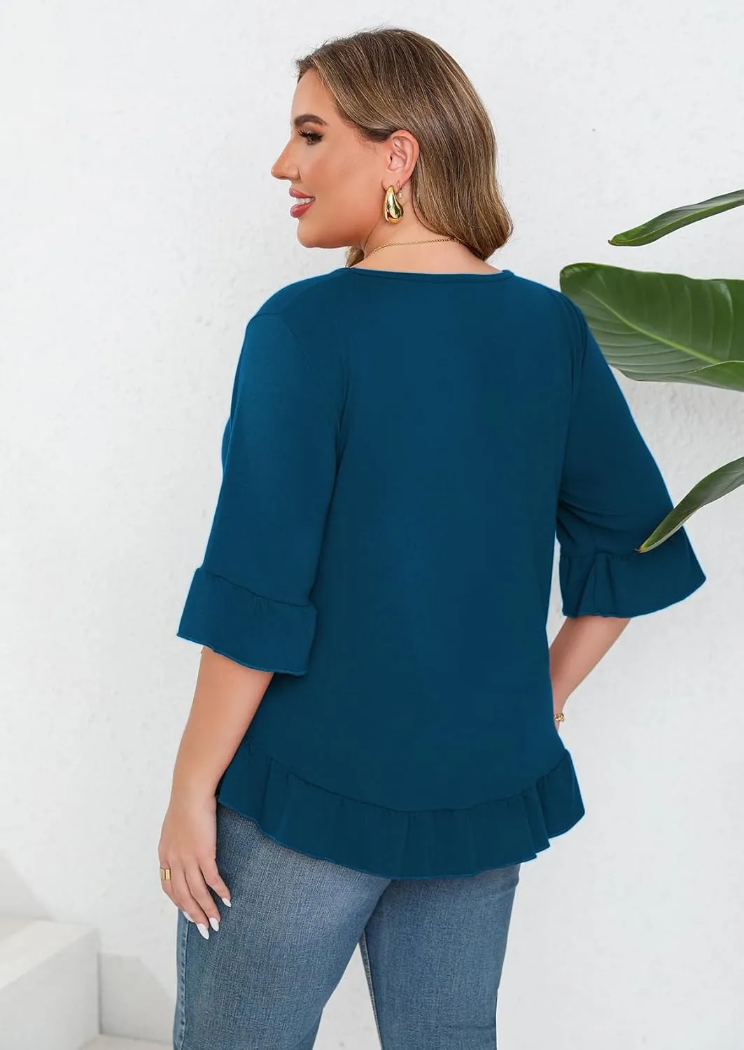 Beauhuty Plus Size Tops for Womens Tunic Ruffled Hem Crew Neck T-Shirts Casual Flowy Blouses 3/4 Ruffle Sleeve