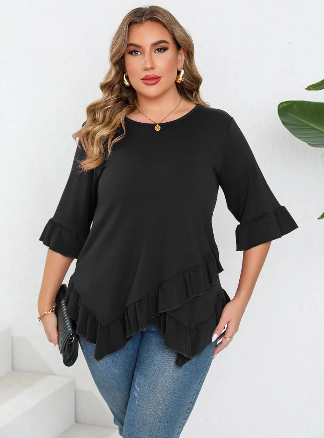 Beauhuty Plus Size Tops for Womens Tunic Ruffled Hem Crew Neck T-Shirts Casual Flowy Blouses 3/4 Ruffle Sleeve