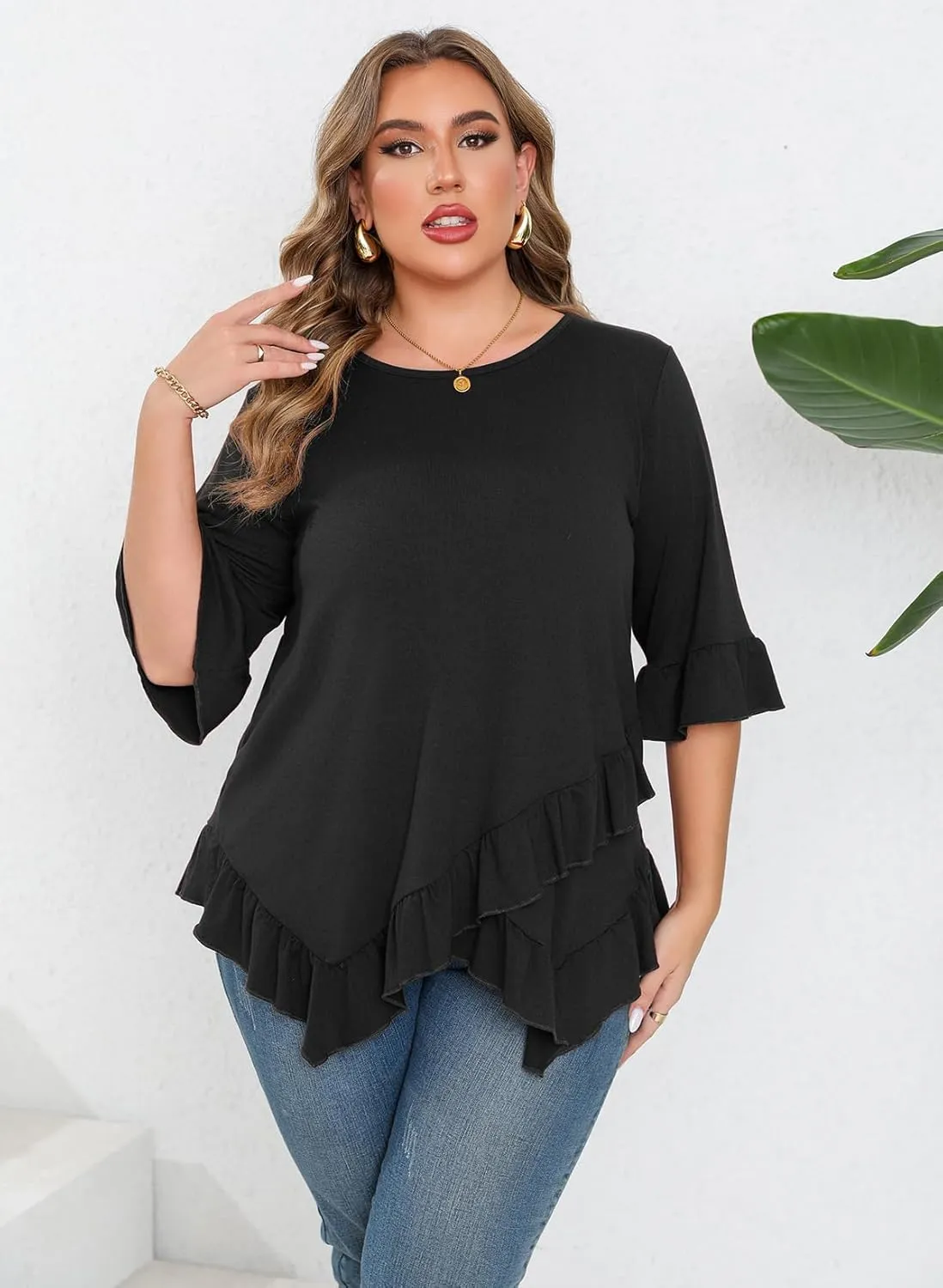 Beauhuty Plus Size Tops for Womens Tunic Ruffled Hem Crew Neck T-Shirts Casual Flowy Blouses 3/4 Ruffle Sleeve