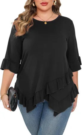 Beauhuty Plus Size Tops for Womens Tunic Ruffled Hem Crew Neck T-Shirts Casual Flowy Blouses 3/4 Ruffle Sleeve