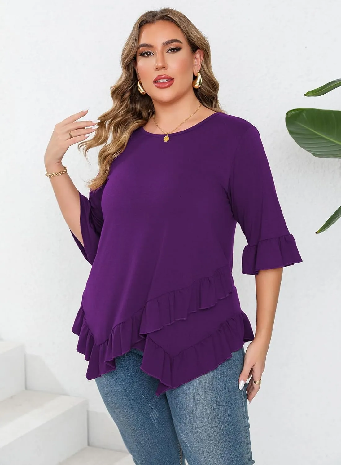 Beauhuty Plus Size Tops for Womens Tunic Ruffled Hem Crew Neck T-Shirts Casual Flowy Blouses 3/4 Ruffle Sleeve