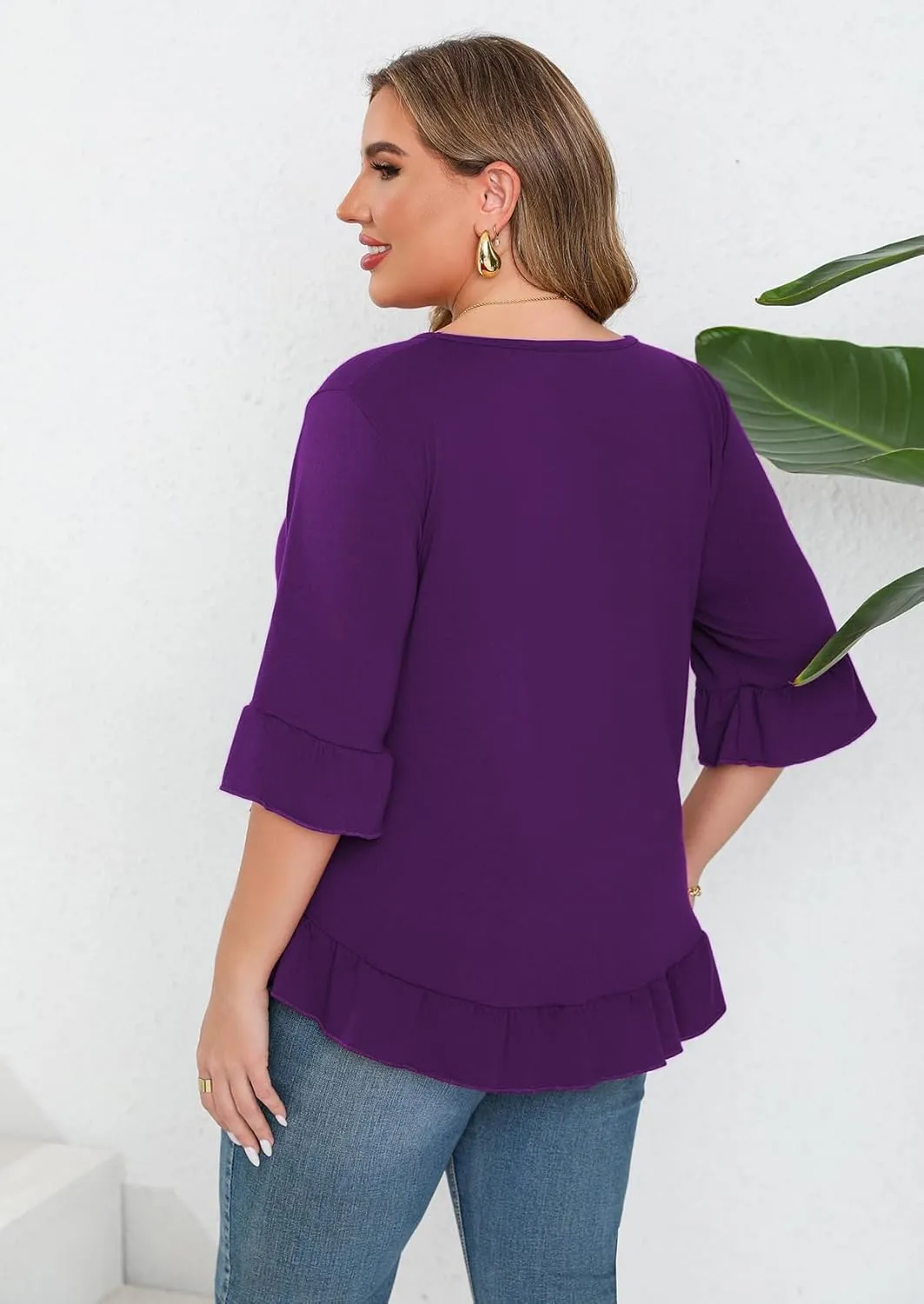 Beauhuty Plus Size Tops for Womens Tunic Ruffled Hem Crew Neck T-Shirts Casual Flowy Blouses 3/4 Ruffle Sleeve