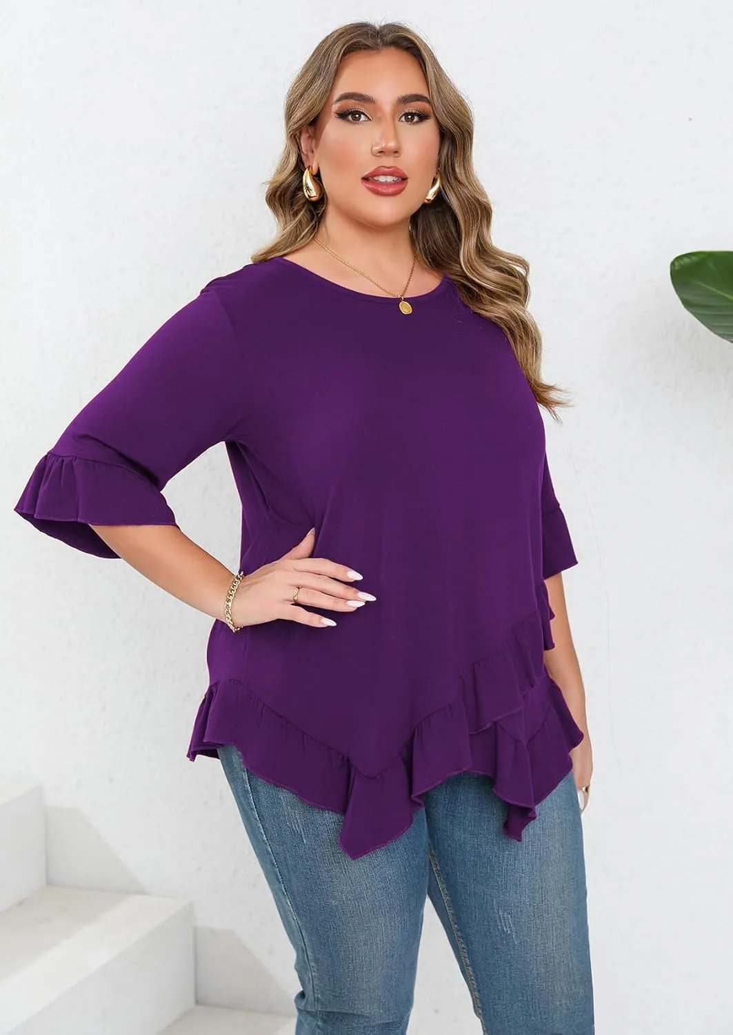 Beauhuty Plus Size Tops for Womens Tunic Ruffled Hem Crew Neck T-Shirts Casual Flowy Blouses 3/4 Ruffle Sleeve