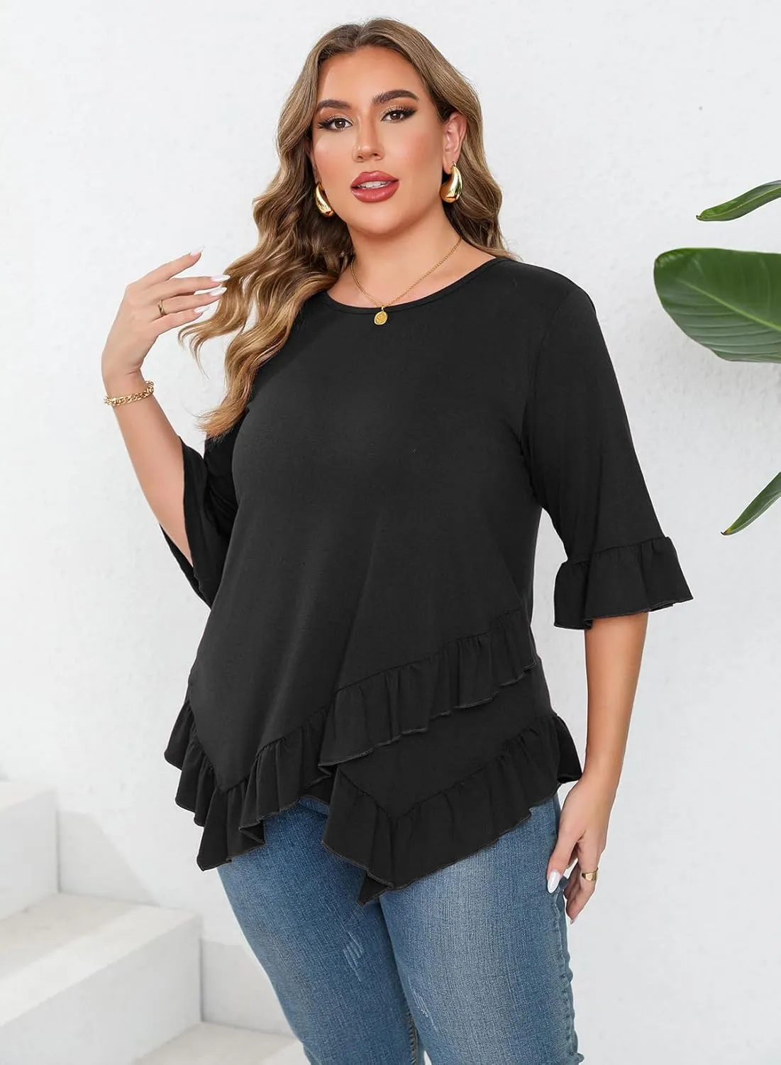 Beauhuty Plus Size Tops for Womens Tunic Ruffled Hem Crew Neck T-Shirts Casual Flowy Blouses 3/4 Ruffle Sleeve