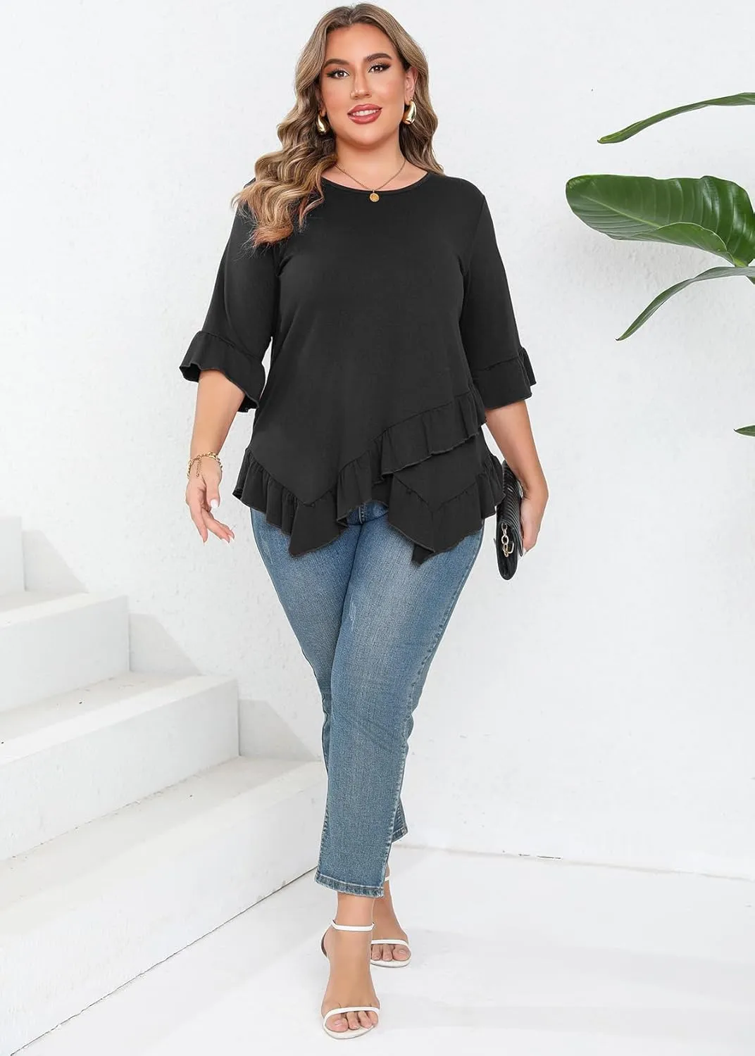 Beauhuty Plus Size Tops for Womens Tunic Ruffled Hem Crew Neck T-Shirts Casual Flowy Blouses 3/4 Ruffle Sleeve