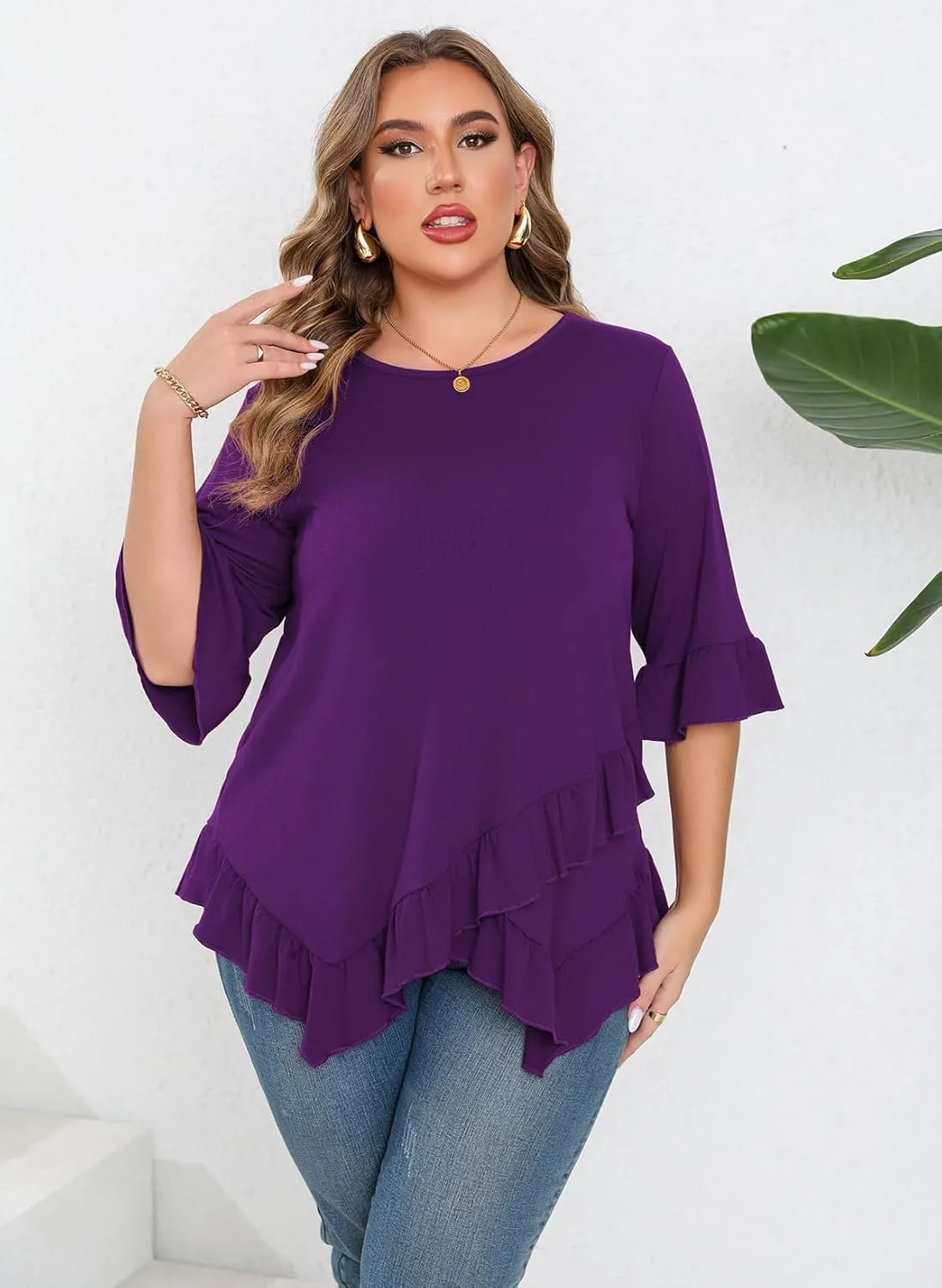 Beauhuty Plus Size Tops for Womens Tunic Ruffled Hem Crew Neck T-Shirts Casual Flowy Blouses 3/4 Ruffle Sleeve