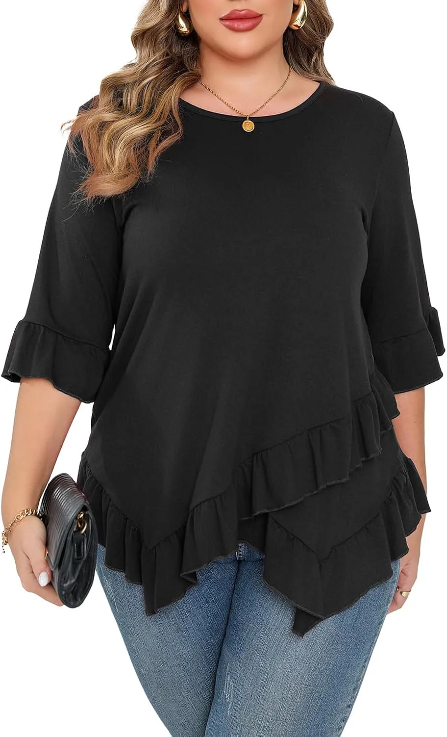 Beauhuty Plus Size Tops for Womens Tunic Ruffled Hem Crew Neck T-Shirts Casual Flowy Blouses 3/4 Ruffle Sleeve