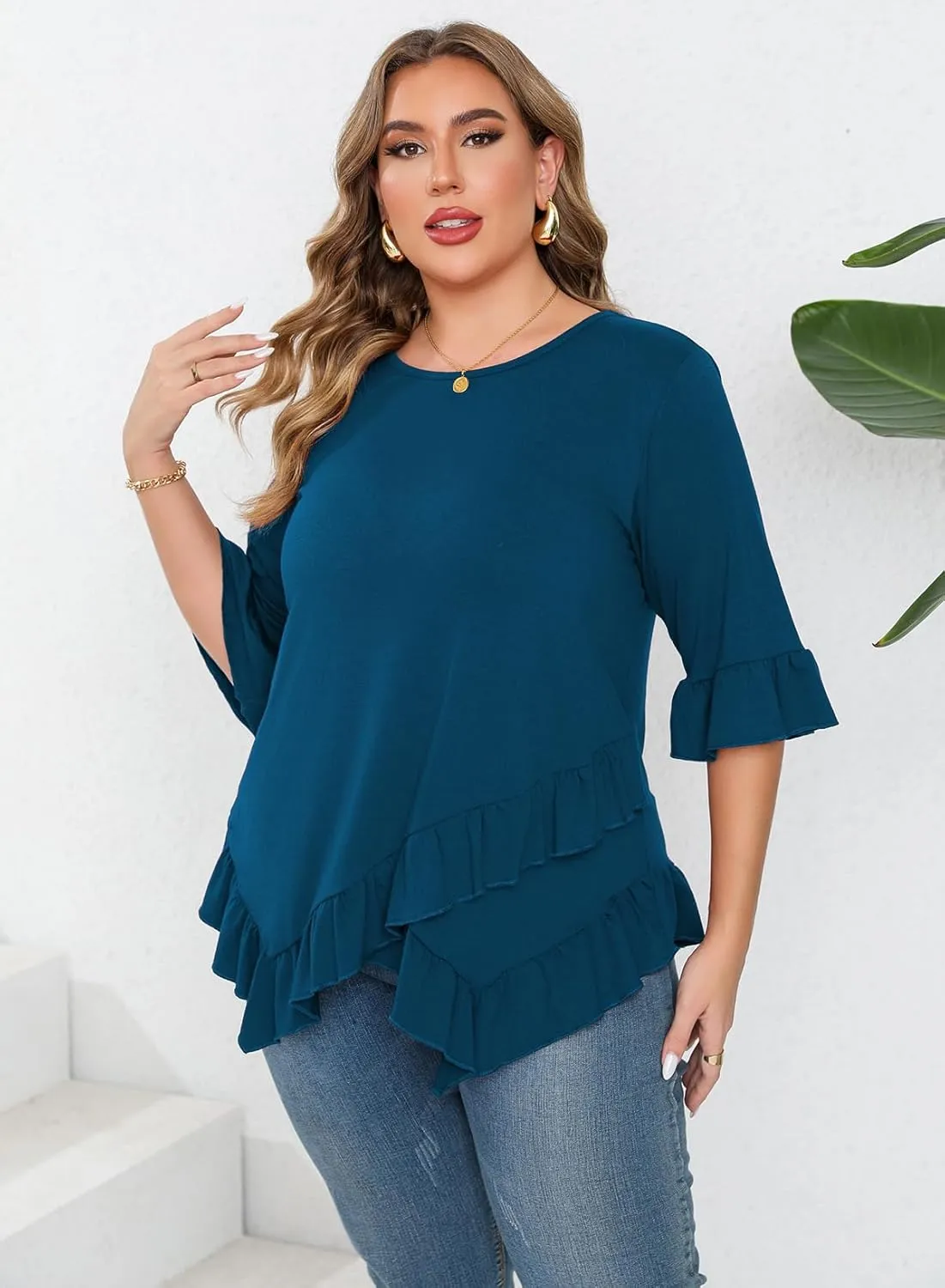 Beauhuty Plus Size Tops for Womens Tunic Ruffled Hem Crew Neck T-Shirts Casual Flowy Blouses 3/4 Ruffle Sleeve