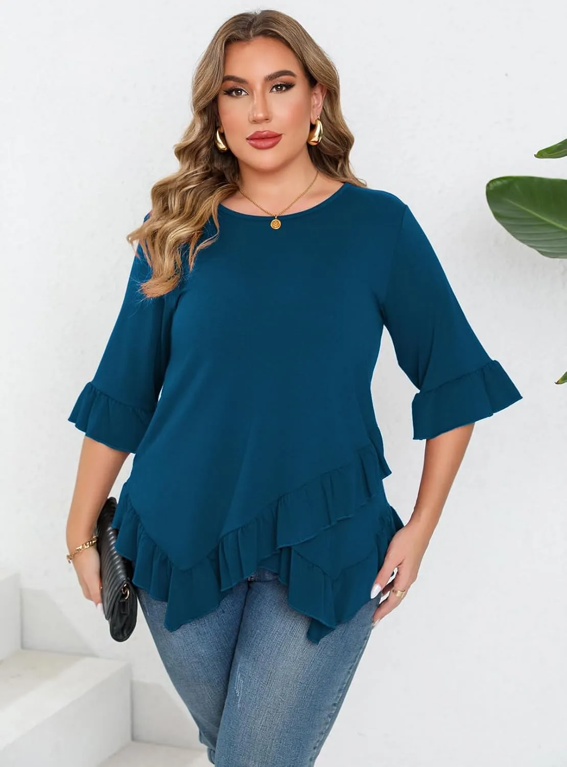 Beauhuty Plus Size Tops for Womens Tunic Ruffled Hem Crew Neck T-Shirts Casual Flowy Blouses 3/4 Ruffle Sleeve