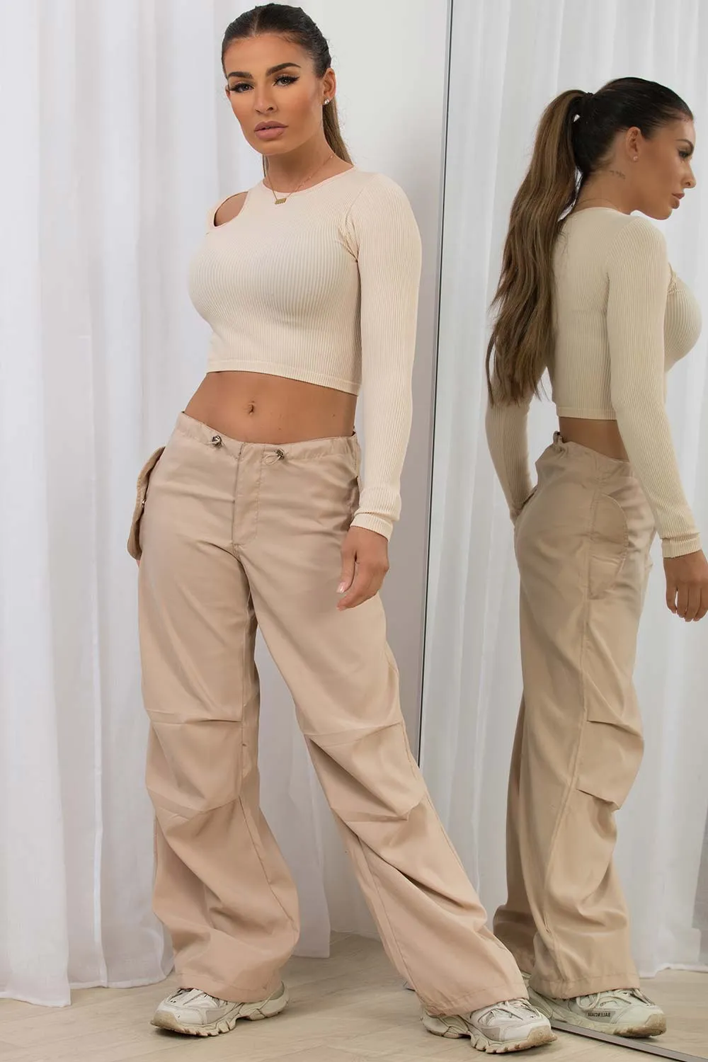 Beige Cargo Pants With Toggle Detail