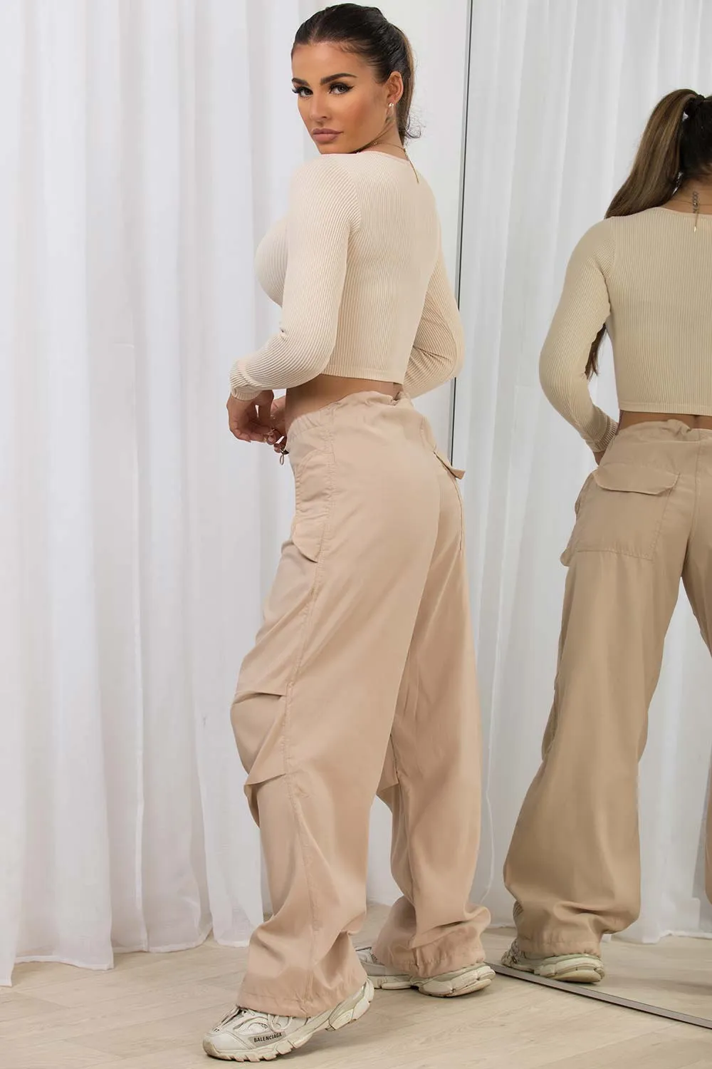 Beige Cargo Pants With Toggle Detail