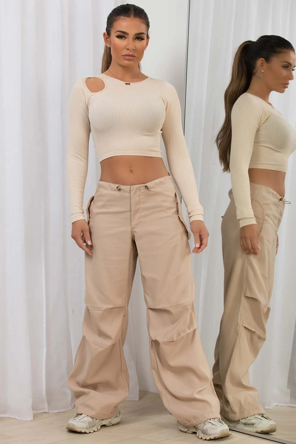 Beige Cargo Pants With Toggle Detail