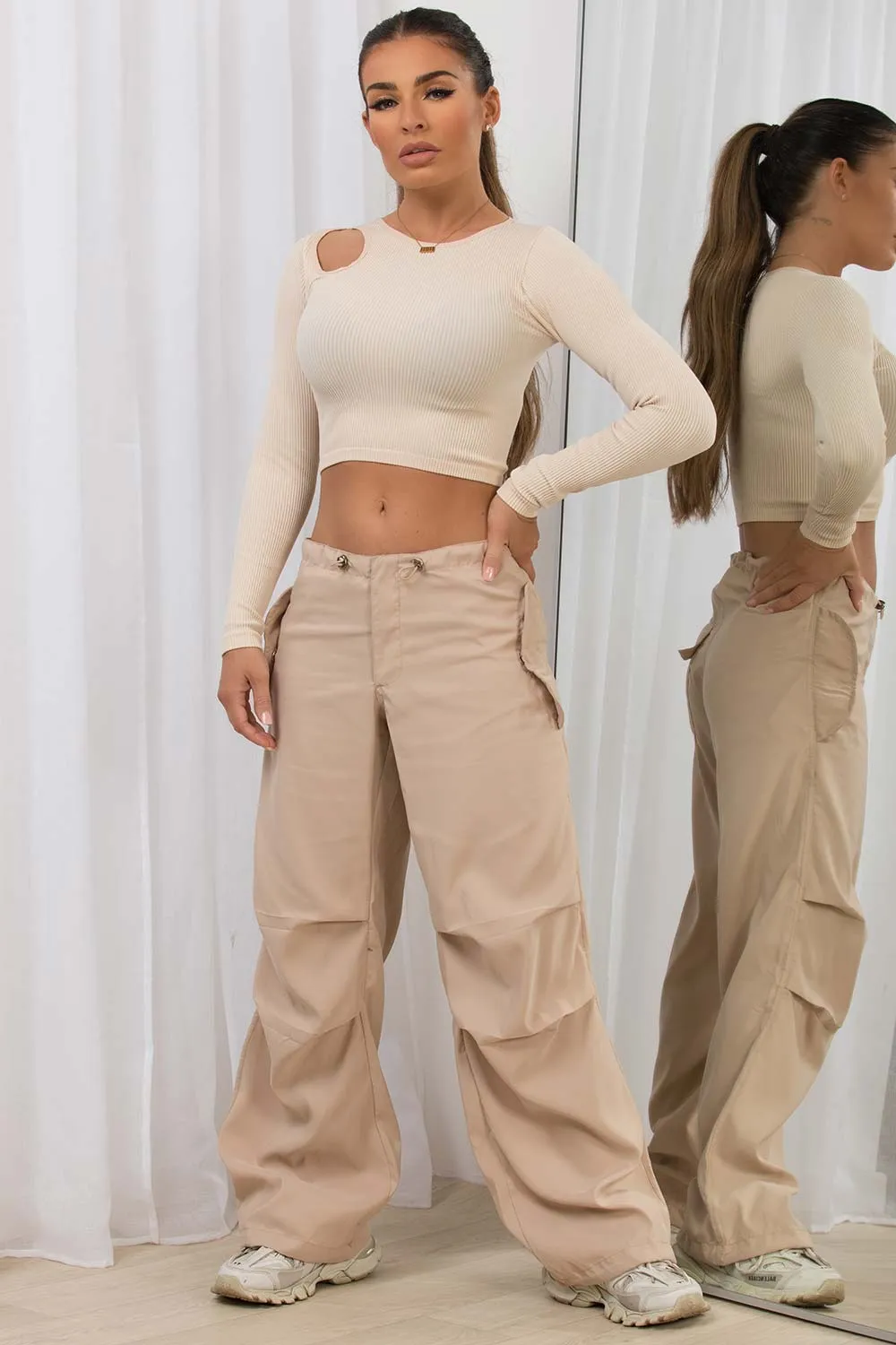 Beige Cargo Pants With Toggle Detail
